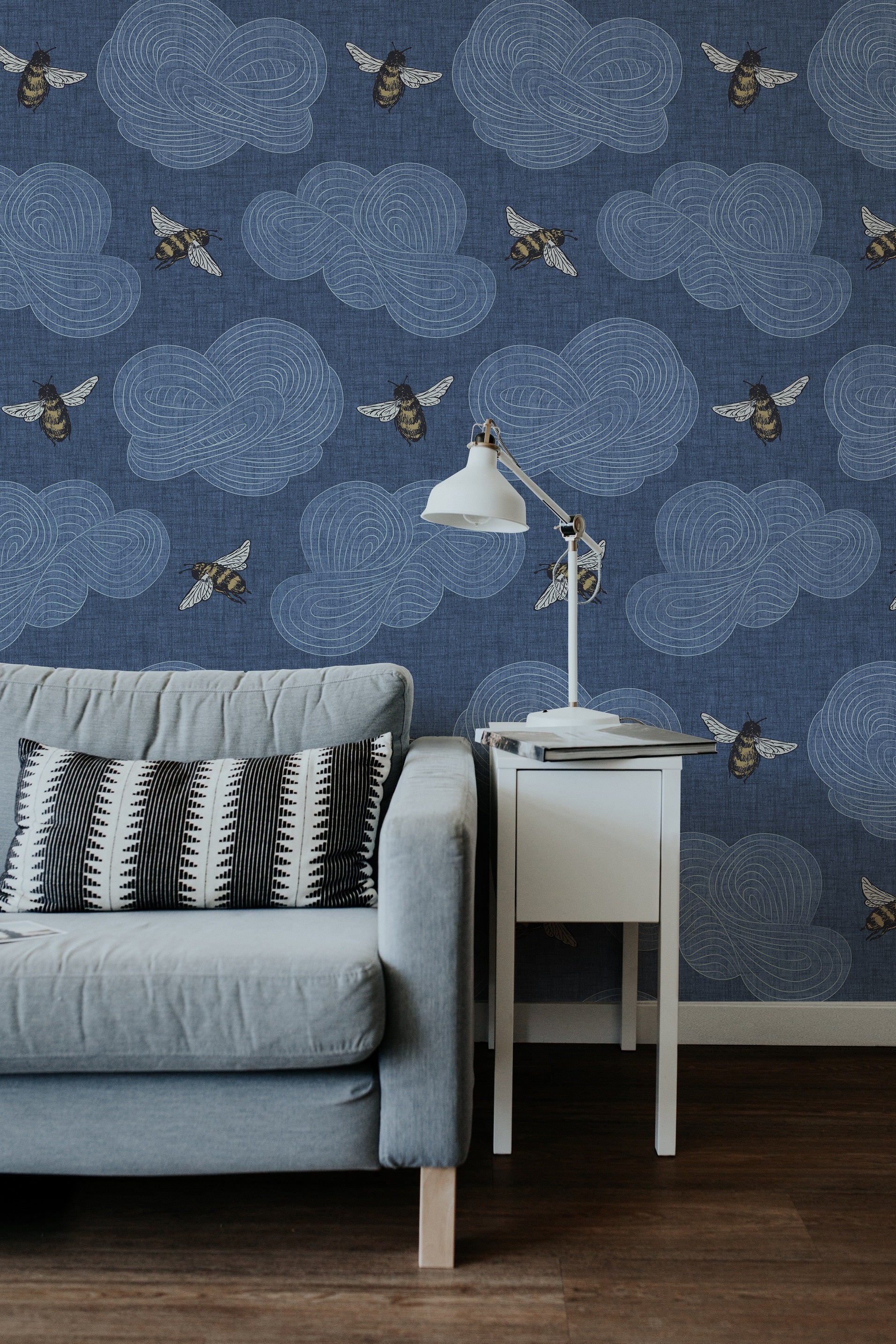 Bee Wallpaper - Inky Blue - Large Scale Bee