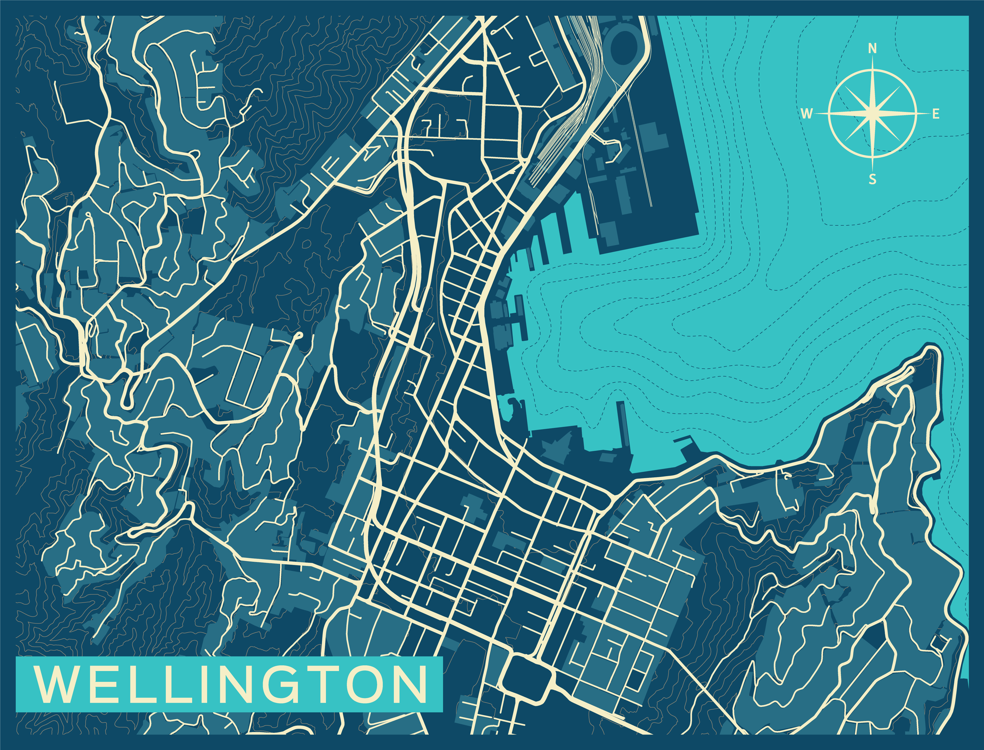 Wellington map Wallpaper - Blue